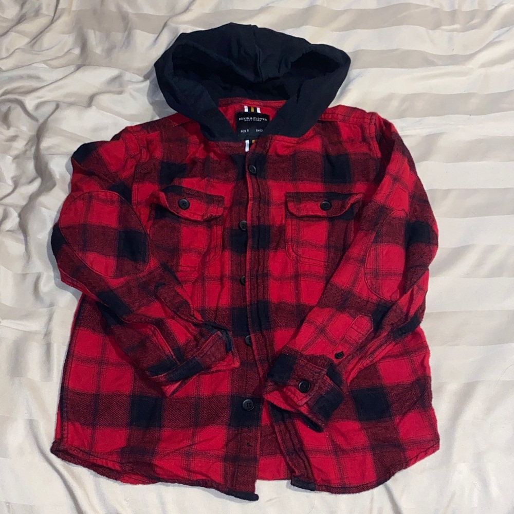 Red and Black Plaid Hooded Shirt